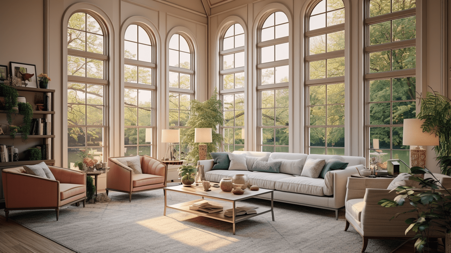 tall rounded windows looking out living room to forest trees