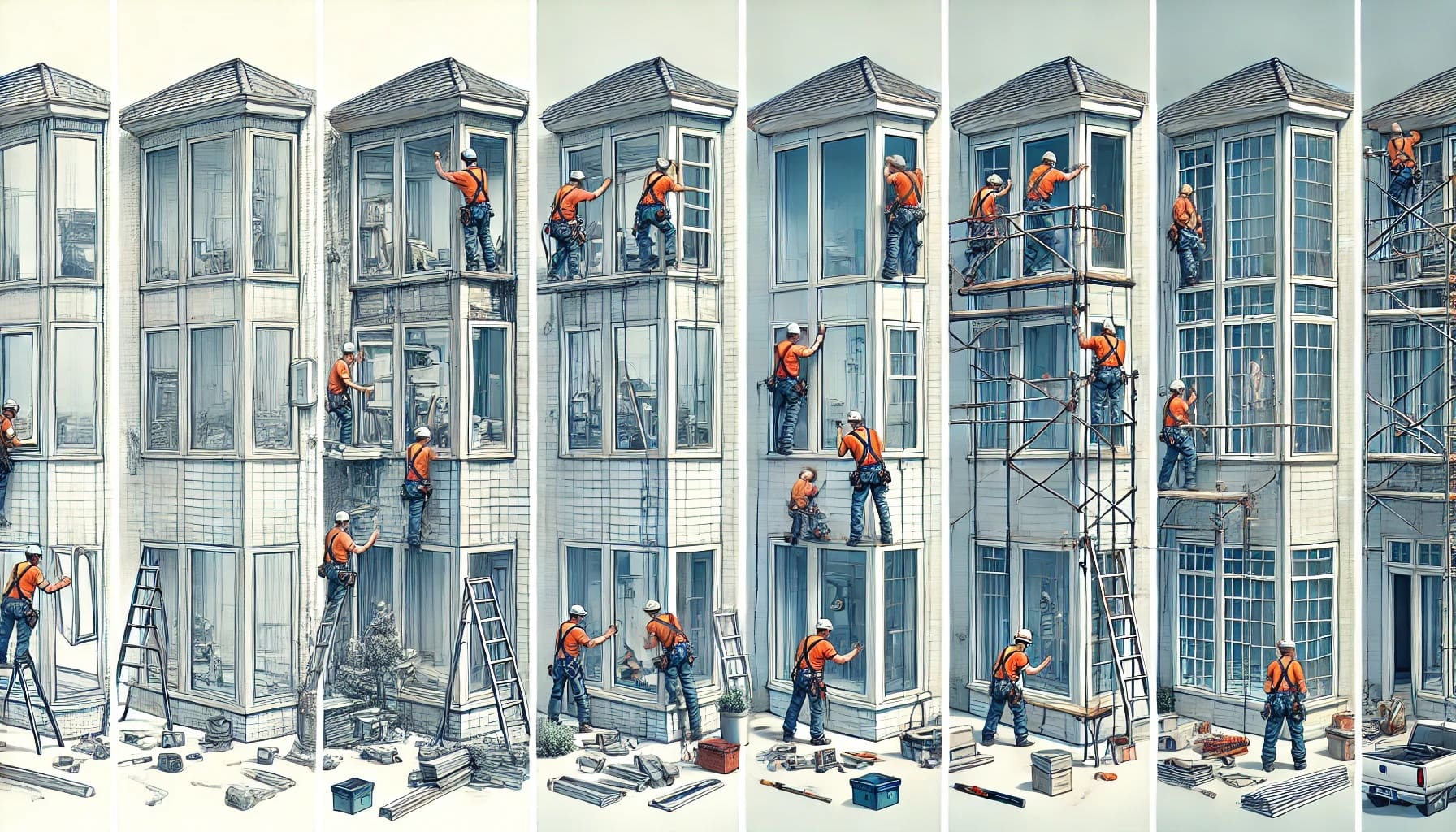 A series of images showing different window installations, from simple replacements to more complex scenarios